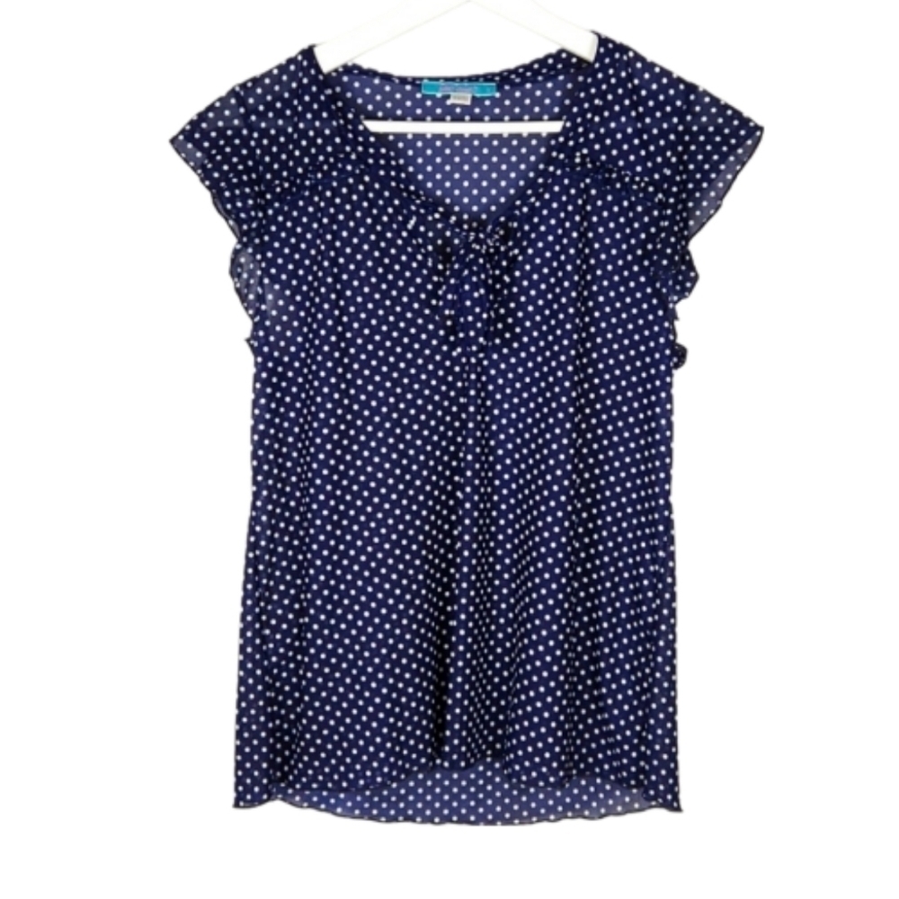 Vintage Semi-Sheer Polka Dot Tie Neck Short Sleeve Blouse Top, Size L